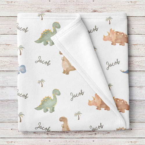Sleepy Dinosaurs personalized watercolor baby boy blanket