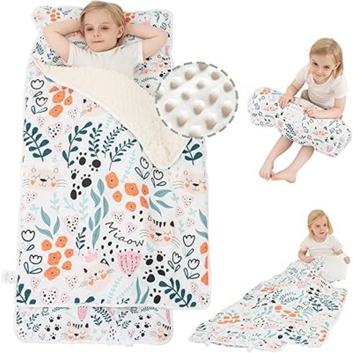 Viviland Toddler Nap Mat with Pillow and Minky Dot Blanket, Rolled Sleeping Mats/Slumber Bag, Large Thick Kids Nap Mat for Preschool, Daycare, Kindergarten, Travel Camping -Cute Cat