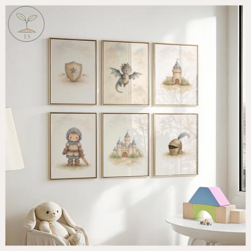Fairytale Knight Dragon Castle Nursery Prints, Storybook Childrens Decor (Digital Download)