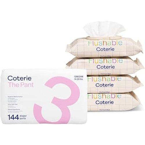 Coterie The Pant, Size 3, Refastenable Training Pants for Sensitive Skin, Hypoallergenic, Super Absorbent Overnight Leak Protection + 4 Pack Coterie Flushable Wipes