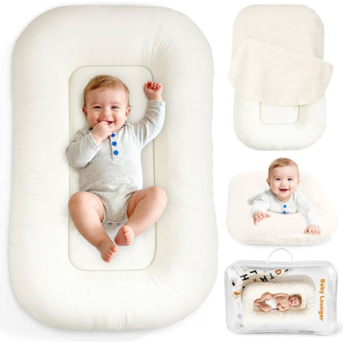 Baby Lounger & Snuggle Nest for Newborn 0-24 Months, Baby Nest Supervised Breathable Cotton for Newborn, Breathable Portable Lounnger for Travel and Home, Cashmere Beige (Lounger Cover Included)