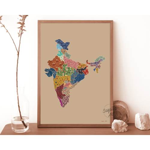 India map poster, Colorful Indian map, fabric themed Indian map art print ,desi art, South Asian wall art,Nursery Wall Art,digital download