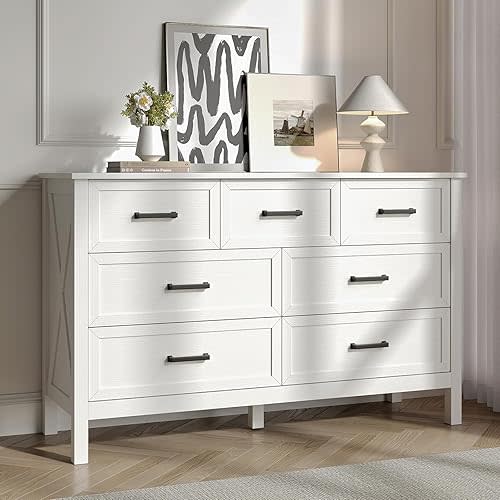 Farmhouse 7 Drawers Dresser for Bedroom, Wood Rustic Wide Chest with Metal Handles, Storage Dressers Organizer for Bedroom, Hallway, Entryway, White
