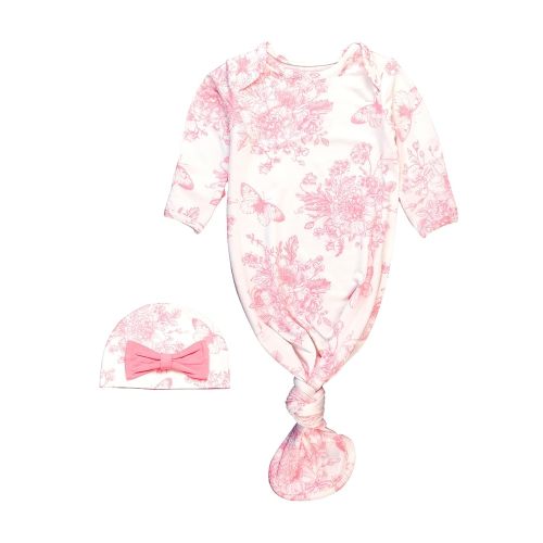 RuffleButts Butterfly Garden Toile Ruffle Knotted Sleep Gown & Hat Set - Newborn-3m
