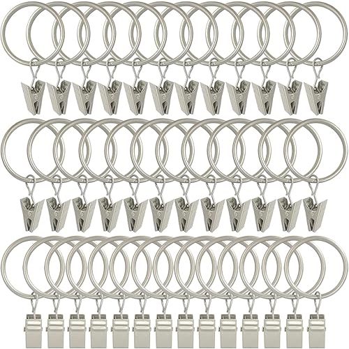 WeeksEight 40 Pack Matte Silver Curtain Rings with Clips, Curtain Hooks Hangers Clip Rings for Hanging Drapes Bows Hat, Drapery Rings 1.26 in I D, Fits up to 1 in Diameter Curtain Rod.