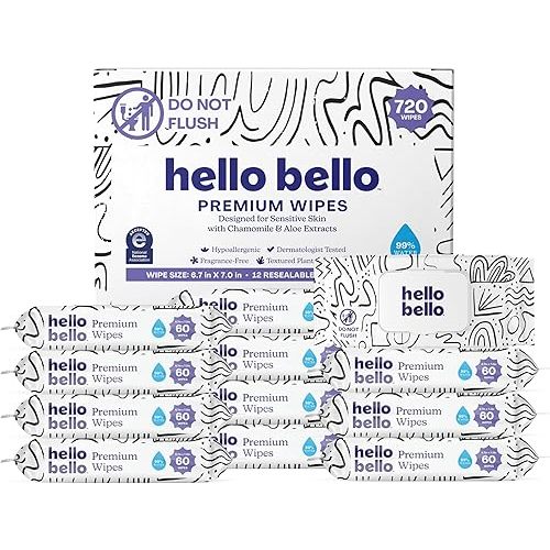 Hello Bello Premium Wipes, Designed for Sensitive Skin with Chamomile & Aloe Extracts, Playful Sketches (12 Resealable Packets = 720 Total Wipes)