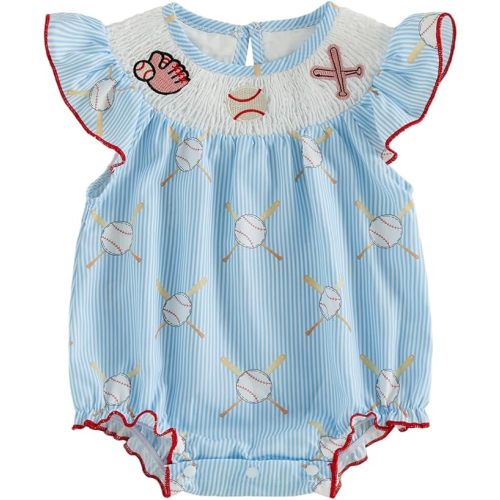 Baby Girl Baseball Outfit Embroidery Smocked Bubble Romper Flutter Sleeve Stripe Bodysuit Cute Infant Summer Clothes