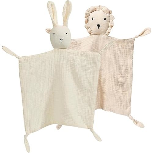 Organic Cotton Muslin Lovey Blanket, Organic Cotton Muslin Bunny Security Blanket Soft & Breathable Lovie Baby Gifts for Boys and Girls