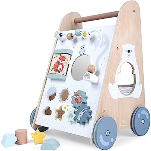 Baby Push Walker - Sit to Stand Learning Activity Walker for Boys and Girls, Easy to Grip Handle Wooden Walker, Built-in Toys and Activities, Promotes Motor Skills