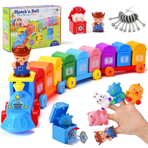 IYHN Farm Train Learning Toy, Counting, Matching & Sorting Montessori Learning Animal Set Including 9 Farm Animals and 1 Farmer, Easter Christmas Birthday Gift for for Toddlers