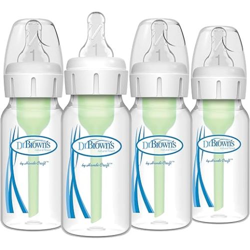 Dr. Brown's Natural Flow Anti-Colic Options+ Narrow Baby Bottle, 4 oz/120 mL, with Level 1 Slow Flow Nipple, 0m+, 4 Pack