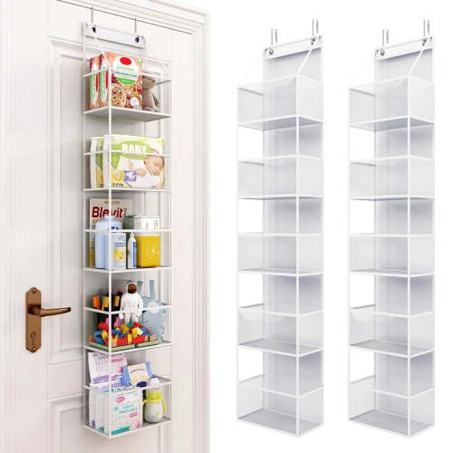 Bevtee 2 Pack over The Door Organizer, 5-Shelf over The Door Pantry Organizer, Hanging Storage with Clear Plastic Pockets, White