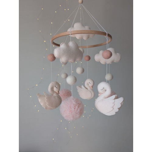Swan baby mobile with tulle pom poms, crib mobile for girl, elegant nursery decor, baby girl shower gift