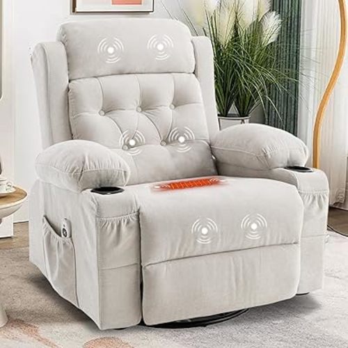 Rocker Swivel Recliner Chair with Massage and Heat, Rocking Nursery Recliners Overstuffed Lounge Chair for Living Room, Manual Recliner Mid Century Sofa Chairs with Cup Holders, White