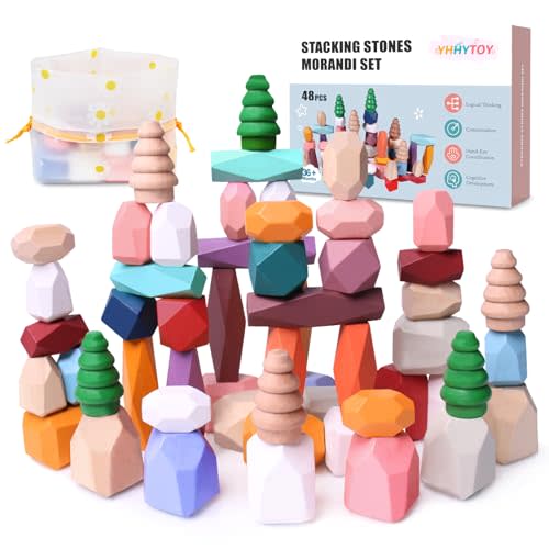 48 Pcs Wooden Stacking Rocks Building Blocks Montessori Toys for 3 Year Old | Blancing Stacking Stones Games Preschool Learning Activities Fine Motor Skills Toys, Birthday Gifts for 3 4 5 Year Old Kids