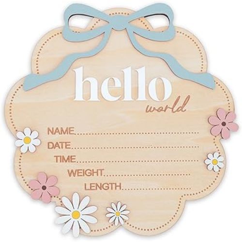 Hello World Wooden Baby Birth Announcement Sign with Pink Bow, Cloud Shape Floral Newborn Name Date Time Weight Length Board, Baby Girl Nursery Photo Prop (Blue)