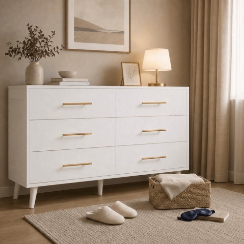 Aiho 6 Drawer Dresser, Wide Chest of Drawers Nightstand Storage Tower Storage Wooden Dresser for Living Room, Bedroom, Hallway - White