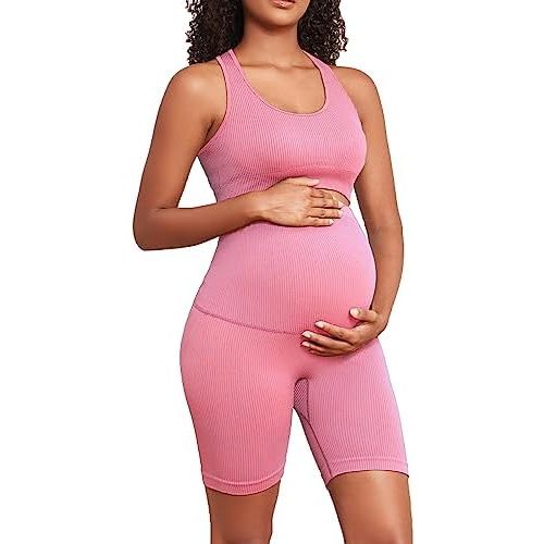 Lataly Women's Maternity 2 Piece Outfit Set - Bra & Shorts for Pregnancy - Yoga workout Lounge Wear Sets