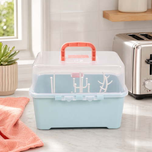 Portable Baby Bottle Drying Rack Storage Box with Dust Cover, High Capacity Infant Dinnerware Organizer for Countertop, Olive Green