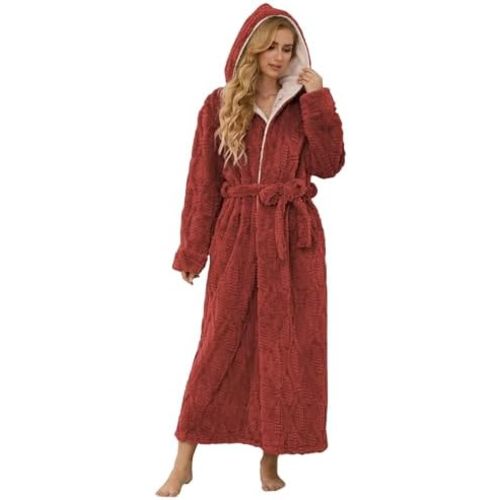Hellomamma Women Fluffy Robes With Hood: Floor Length Long Fleece Winter Bathrobes Ladies Hooded Housecoat for Spa Shower