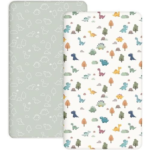 Pack and Play Sheets 2 Pack, Fitted Jersey Knit Mini Crib Sheets for Baby Boys and Girls, Compatible with Graco Pack N Play and Mini Crib Mattress (Sage Dino, Pack N Play/Mini Crib Sheets)