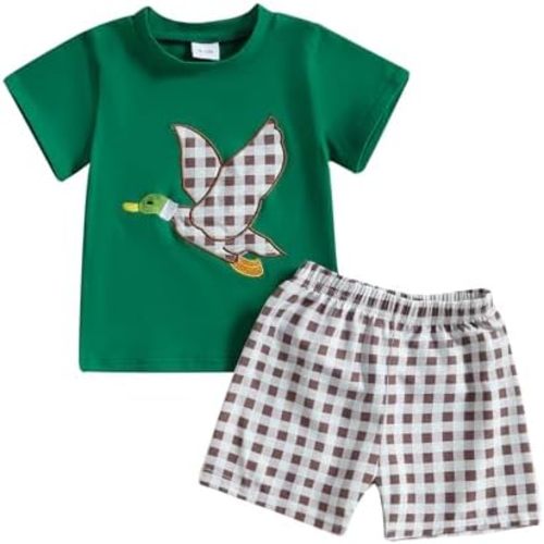 Toddler Baby Boy Hunting Outfit Summer Short Sleeve Mallard Duck T-shirt Checkered Plaid Shorts Two Piece Clothes