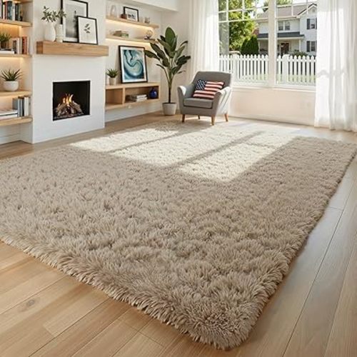 Fluffy Rug Shaggy Area Rug, Beige 8x10 Area Rugs for Living Room, Large Shag Area Rugs for Bedroom Kids Room Home Decor, Upgrade Anti-Skid Rectangular Fuzzy Rugs