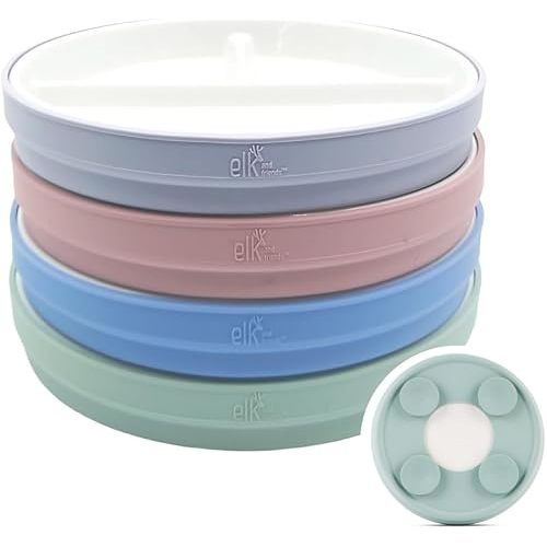 Elk and Friends Kids 7.8” Porcelain White Divided Plates with Silicone Suction Sleeves | Suitable for Babies/Toddlers | Microwave & Dishwasher Safe | Stay Put Dinnerware | Snack Dishes | 4 Pack