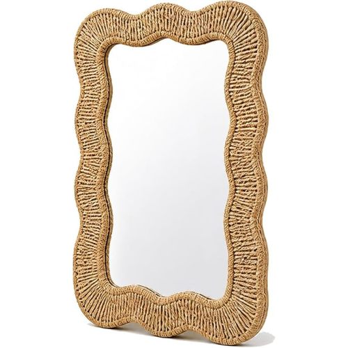 Scalloped Rectangle Rope Frame Wall Mirror Boho Decor Small Hanging Mirror for Bedroom Bathroom Entryway Farmhouse Vanity Home Wall Accent