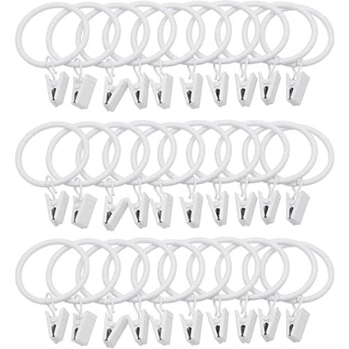 LBY 30 Pack Curtain Rings with Clips, 39mm(1.54'') Interior Diameter Metal Curtain Rings, for Hanging Drapery Drapes Bows, White