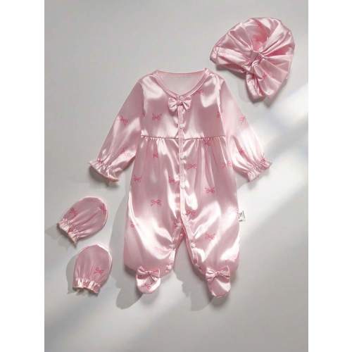 3pcs Newborn Baby Soft & Smooth Woven Fabric Set, Pink Cute Bow & Heart Print Decor Collar & Cuffs, Long Sleeve Footie Jumpsuit, Bow Decor Hat & Mittens | SHEIN USA