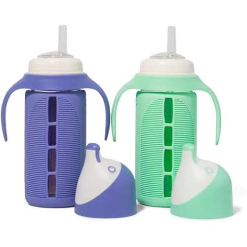 Tabor Place Set of 2 - Glass Sippy Cup for Toddlers - The Luca | Mint Green & Indigo Purple | Spill-Proof | Silicone Straw | 8 oz | Liquids Never Touch Plastic | Removable Handles…