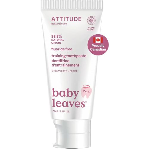 ATTITUDE Fluoride-Free Baby Toothpaste, Safe Training Toothpaste, Natural Origin Ingredients, Gentle Oral Care for Babies & Toddlers, Strawberry Flavor, 2.6 Oz