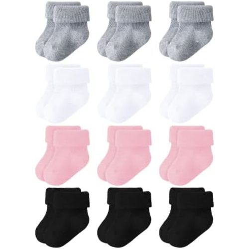 Newborn Socks 0-3 Months Baby Turn Cuff Infant Crew Socks 12 Pairs