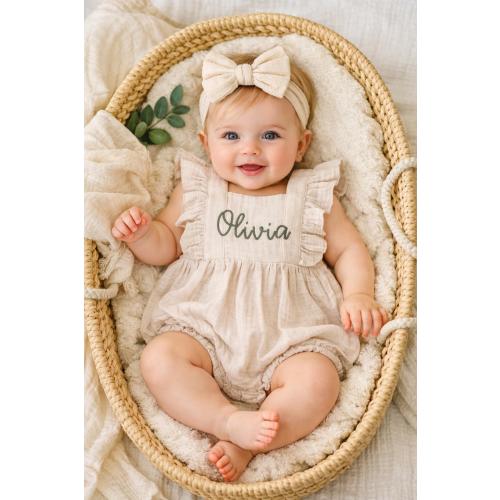Personalized Baby Romper: Beige Muslin Organic Cotton Bubble Romper