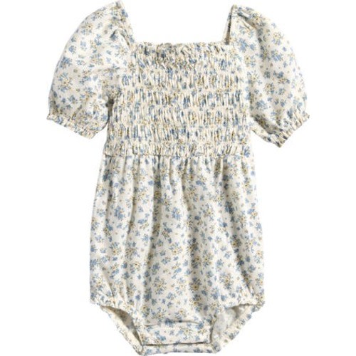 Smocked Organic Cotton & Linen Bodysuit, Newborn