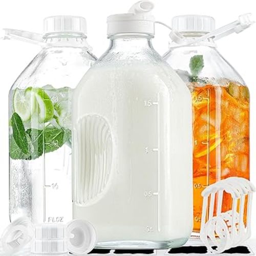 3 Pack 2 Qt Glass Water Bottles with Handle and Airtight Reusable SCREW LID - 64 Oz Juice Jugs, 1/2 Gallon Glass Milk Container for Fridge, Breast Milk Jug Pitcher with Scales, Extra Lids & Handles