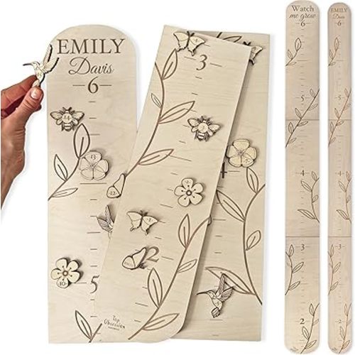 Personalized Wooden Growth Chart for Wall - Custom Name Kids Measurement Growth Chart for Girls, Child Height Measuring Chart Wooden, Baby Height Chart Wall Ruler Wood Wildlife Butterfly, 2 Sizes