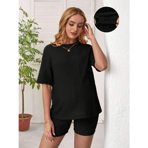 SHEIN Maternity Ribbed Round Neck T-Shirt And Shorts Set