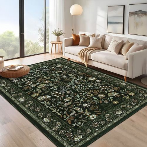 Botanical Area Rugs for Living Room Floral Leaves Pattern Rug Washable Farmhouse Soft Non-Slip Accent Carpet: 5'x7' Green, Stain-Resistant, Foldable
