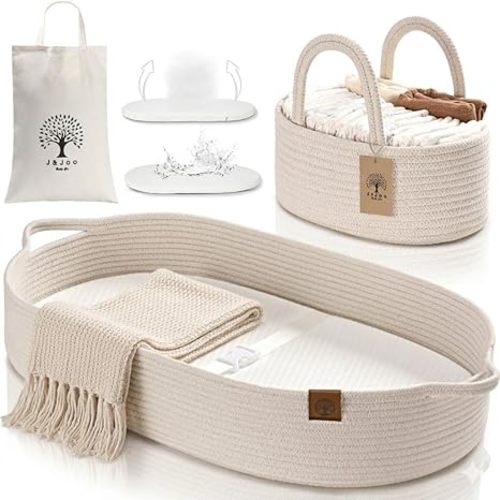 Baby Changing Basket Includes Diaper Caddy - Soft & Waterproof Dual-Cover, Portable, Changing Pad for Dresser & Changing Table, Gift for Baby Shower, Organic Cotton Rope