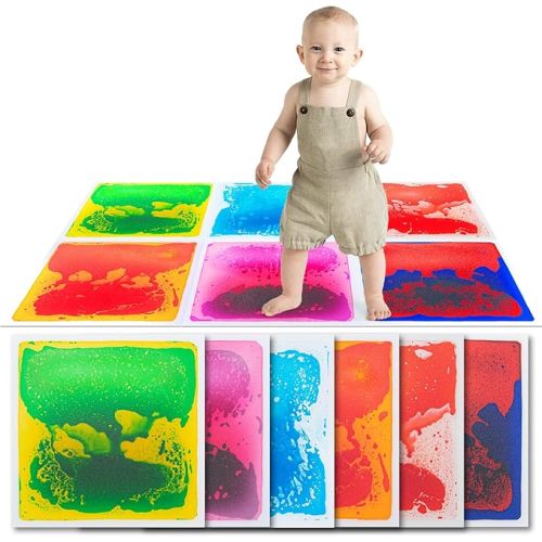 Art3d 6-Pack Square Liquid Sensory Floor Activity Tiles, 11.8 x 11.8 Inch | Waterproof, Anti-Slip, Boost Focus, Color Recognition, Easy to Clean, Suit Little Kids & Teens, Ideal for Home, School