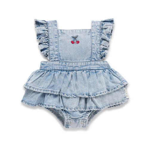 Cherry Tencel Denim Ruffle Playsuit - 6-12m / Blue