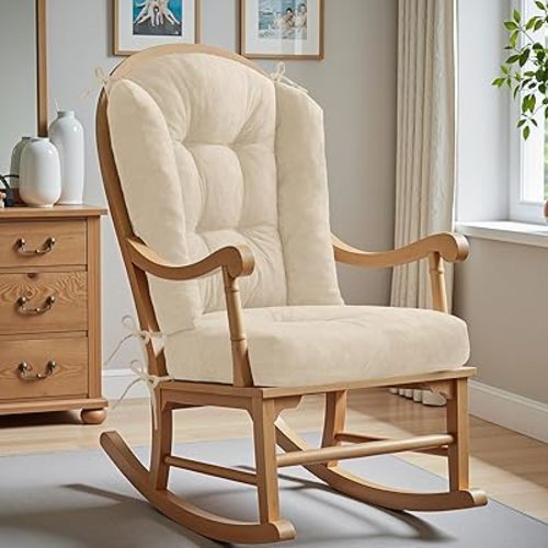 Wingback Rocking Chair cushion - Large Tufted Adirondack Chair Cushions, High-Density Sponge, Comfort Chenille Indoor Rocker Pads, 2 Piece Sets- Seat Cushion & High Back Cushion, Ivory | Large Size