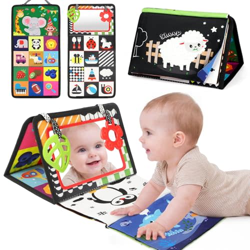 BBWOO Tummy Time Toys, Black and White High Contrast Baby Toys for Newborn, Baby Visual Stimulation Mirror, Montessori Crinkle Book for Infant 0-3-6-12 Months, Boy Girl Shower Gift