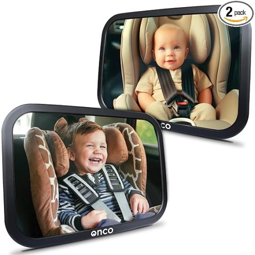 Onco Baby Car Mirror Rear Facing (2 Pack) - 100% Shatterproof & Shakeproof, Award-Winning Convex Car Mirror for Baby with 360° Rotation, Newborn Essentials (9.6 x 6.9 in)