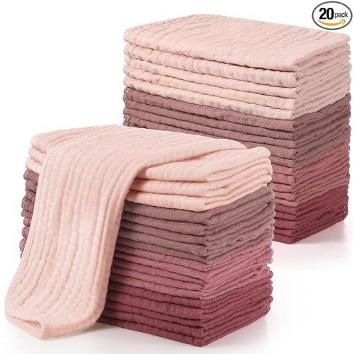 Buryeah Muslin 20 Pcs Burp Cloths Large 20" x 10" 100% Cotton 6 Layers Ultra Absorbent and Soft Hand Washcloths for Baby Drool and Messes Gentle Burp Cloth for Boys & Girls(Retro Colors)