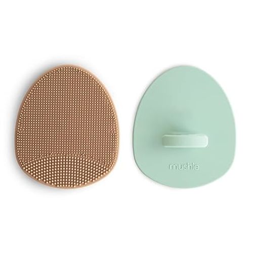 mushie Baby Bath Cradle Cap Brush | Soft Silicone Bristles for Dry Skin, Eczema, & Cradle Cap Treatment | 2-Pack (Natural/Cambridge Blue)