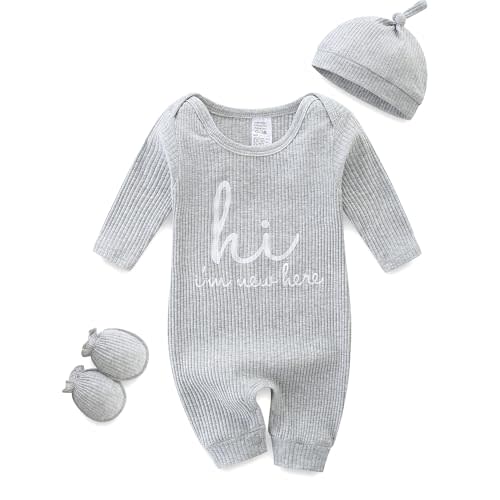 Baby Romper with Baby Mittens & Newborn Hats Footless Long Sleeve Solid Onesie Hi Im New Here