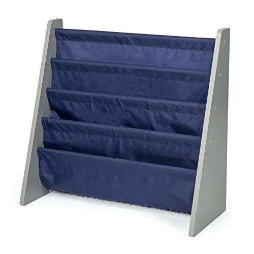 Humble Crew 4-Tier Kids Bookshelf, Grey Wood/Navy - Premium Book Shelf for Kids Rooms with Four Deep Pockets - Toddler Sling Book Rack with Deep Sleeves, Nursery Bookcase Organizer